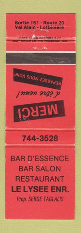 Matchbook Cover - Bar D'Essence Val Alain Lotbiniere QC WEAR