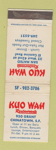 Matchbook Cover - Kuo Wah Chinese Restaurant San Francisco CA San Mateo