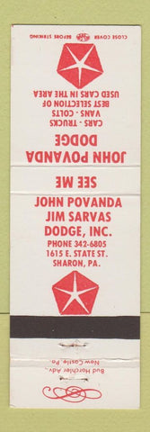 Matchbook Cover - John Povanda Dodge Sharon PA
