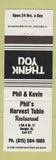 Matchbook Cover - Phil's Harvest Table Restaurant Dwight IL