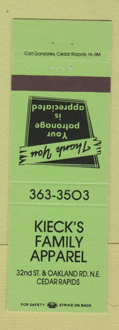 Matchbook Cover - Kieck's Family Apparel Clothes Cedar Rapids IA GREEN