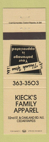 Matchbook Cover - Kieck's Family Apparel Clothes Cedar Rapids IA TAN