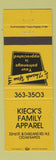 Matchbook Cover - Kieck's Family Apparel Clothes Cedar Rapids IA YELLOW