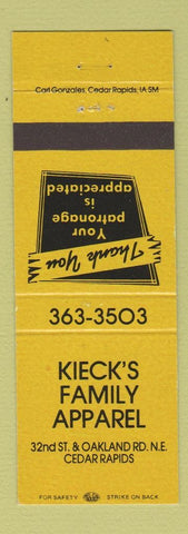 Matchbook Cover - Kieck's Family Apparel Clothes Cedar Rapids IA YELLOW
