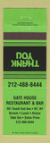 Matchbook Cover - Gate House Restaurant Bar New York City