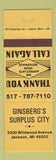 Matchbook Cover - Ginsberg's Surplus City Jackson MI