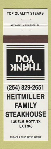 Matchbook Cover - Heitmiller Family Steak House Elm Mott TX