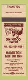Matchbook Cover - Hamilton Motor Inn Aurora NE