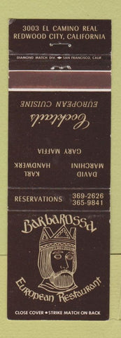 Matchbook Cover - Barbarossa European Restaurant Redwood City CA