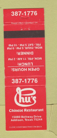 Matchbook Cover - Chu's Chinese Restaurant Addison TX