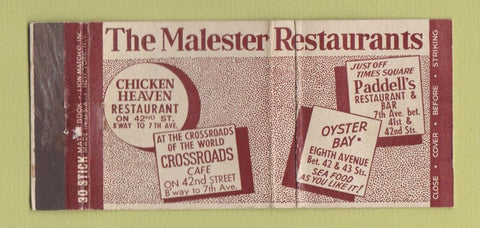 Matchbook Cover - Malester Restaurants New York City WEAR 30 Stick