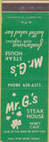 Matchbook Cover - Mr G's Steak House Hemet CA