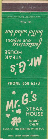 Matchbook Cover - Mr G's Steak House Hemet CA