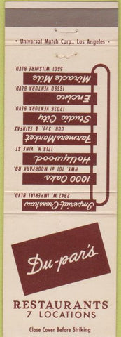 Matchbook Cover - Du-Par's Restaurant 1000 Oaks CA