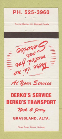 Matchbook Cover - Derko's Service Transport Trucking Grassland AB 30 Strike