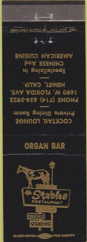 Matchbook Cover - The Stables Restaurant Hemet CA horse