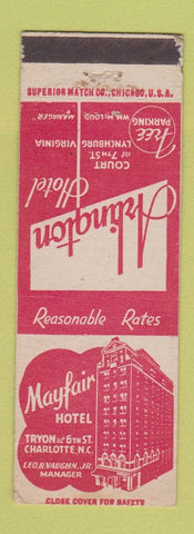 Matchbook Cover - Arlington Hotel Lynchburg VA Mayfair Charlotte NC