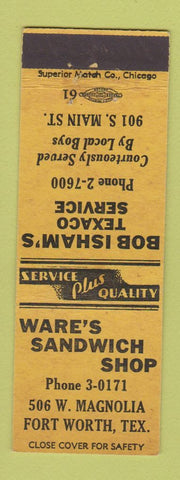 Matchbook Cover - Ware's Sandwich Shop Fort Worth TX Texaco oil gas