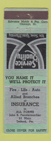 Matchbook Cover - John Fenstermacher Insurance Telford PA ADVANCE 1937