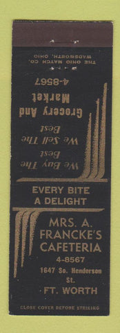 Matchbook Cover - Mrs A Francke's Cafeteria Fort Worth TX