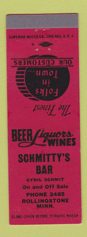 Matchbook Cover - Schmitty's Bar Rollingstone MN