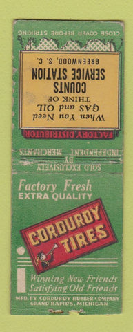 Matchbook Cover - Corouroy Tires Counts oil gas Greenwood SC WEAR BOBTAIL