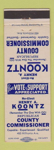 Matchbook Cover - Henry Koontz County Commissioner Election Columbus OH