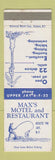 Matchbook Cover - Max's Motel Restaurant Jay NY