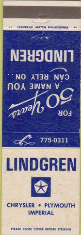Matchbook Cover - Lindgren Chrysler Plymouth Imperial Reading PA