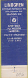 Matchbook Cover - Lindgren Chrysler Plymouth Imperial Reading PA
