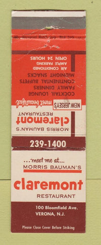 Matchbook Cover - Claremont Restaurant Verona NJ WEAR