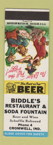 Matchbook Cover - Biddle's Restaurant Soda Fountain Cromwell IN hillbilly