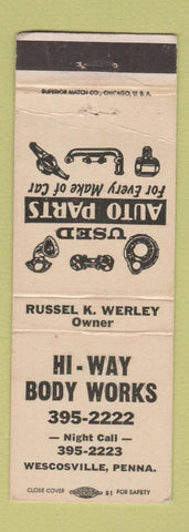 Matchbook Cover - Hi Way Body Works Wescosville PA Auto Parts WEAR