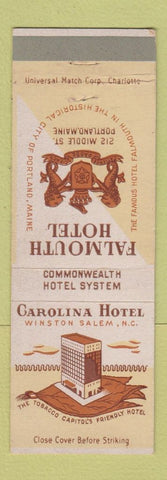 Matchbook Cover - Carolina Hotel Winston Salem NC Falmouth Hotel Portland ME