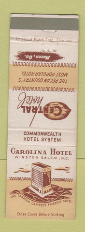 Matchbook Cover - Carolina Hotel Winston Salem NC Central Hotel Macon GA