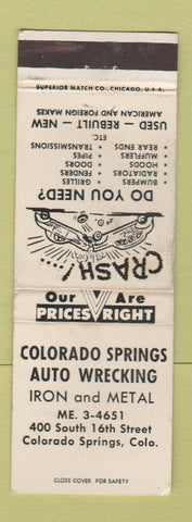 Matchbook Cover - Colorado Springs Auto Wrecking Iron Metal WEAR