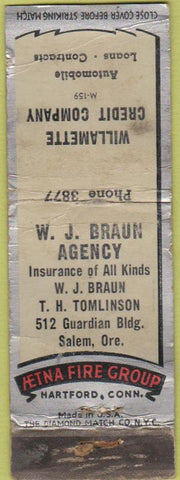 Matchbook Cover - Aetna Fire Group Salem OR Braun WORN