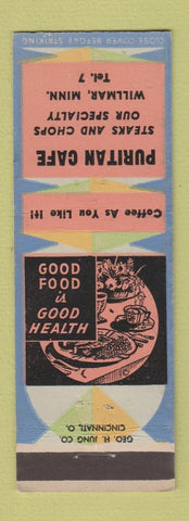 Matchbook Cover - Puritan Cafe Willmar MN low phone #