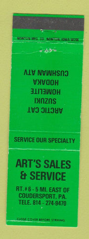 Matchbook Cover - Art's Snowmobiles Arctic Cat Coudersport PA Homelite Chainsaws