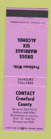 Matchbook Cover - Crawford County Bucyrus Galion OH drug marriage sex problem