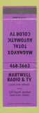 Matchbook Cover - Hartwell Radio TV Galion OH Magnavox LAVENDER