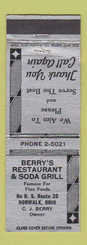 Matchbook Cover - Berry's Restaurant Soda Grill Norwalk OH