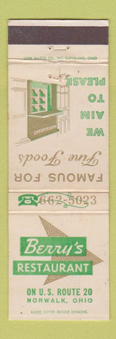 Matchbook Cover - Berry's Restaurant Norwalk OH
