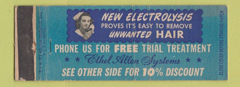 Matchbook Cover - Electrolysis Hair Removal Ethel Allen New York City Brooklyn