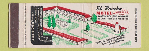 Matchbook Cover - El Rancho Motel Millbrae CA CREASED Full Length