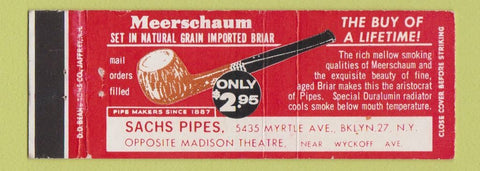 Matchbook Cover - Meerschaum Pipes Sachs tobacco Brooklyn NY Full Length