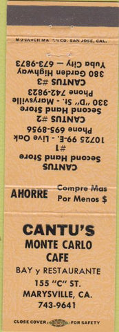 Matchbook Cover - Cantu's Monte Carlo Cafe Marysville CA