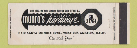 Matchbook Cover - Munro's Hardware West Los Angeles CA Full Length