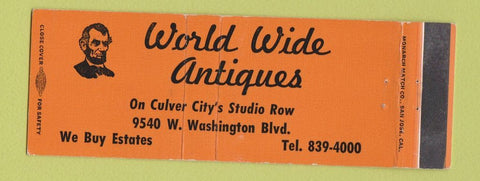 Matchbook Cover - World Wide Antiques Culver City CA Abraham Lincoln Full Length