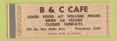 Matchbook Cover - B&C Cafe Pasadena CA WEAR Full Length